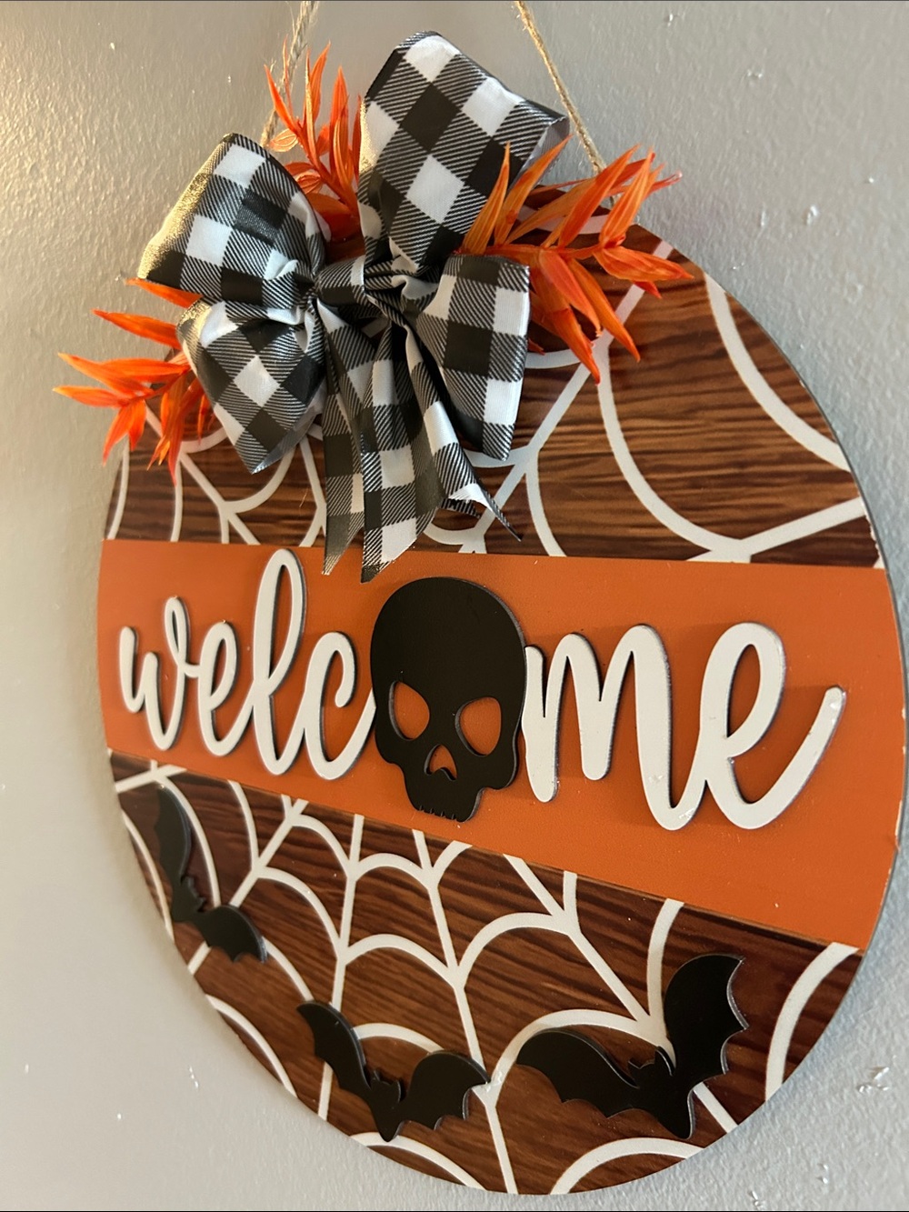 Halloween Orange 'Welcome' Round Wooden Wall Sign with Black Skull Accent - Picture 7 of 10